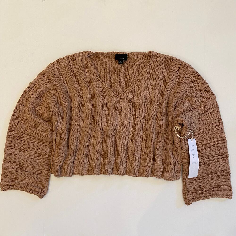Lumiere Womens Tan V-Neck Crop Pullover Stretch Long Sleeve Sweater Large NWT